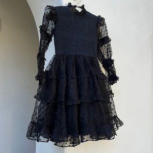 Petite Amalie black silk and smocked ruffle and dot dress. Size 6.
